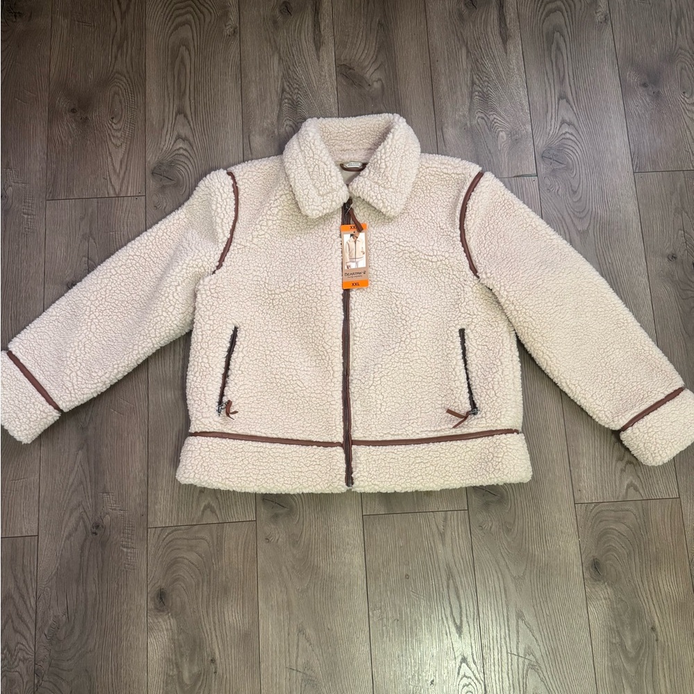 BearPaw Cream and Brown Women’s Size 2XL Teddy Sherpa Zip Up Jacket Collared